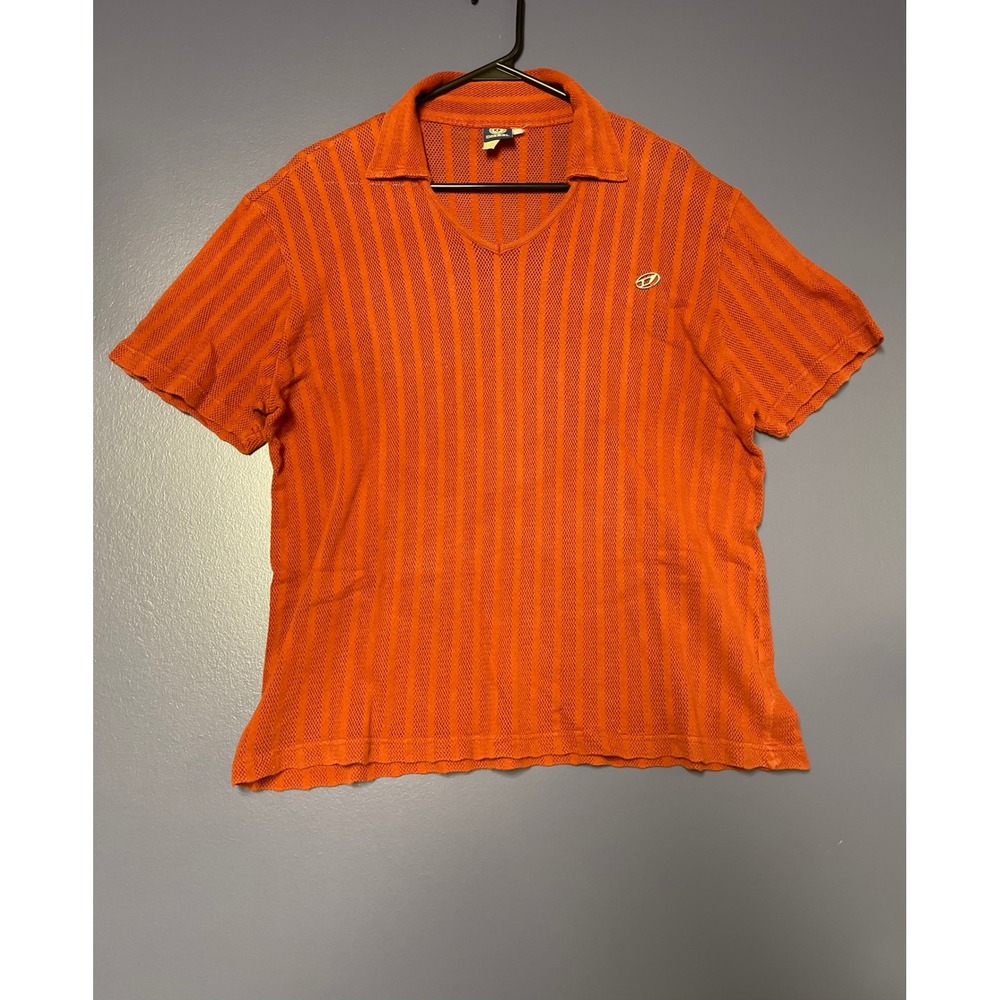 Diesel Vintage Mens Orange Mesh Knit Polo Shirt V-Neck Short Sleeve Logo Large